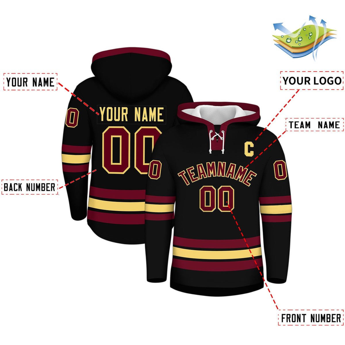 Custom Hockey Hoodie Jersey Black Crimson Classic Style for Men&amp;Youth
