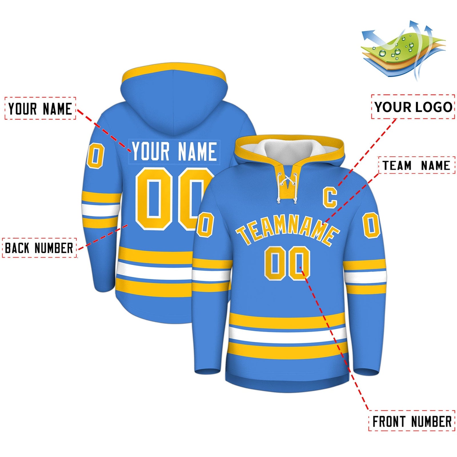 Custom Hockey Hoodie Jersey Powder Blue Gold Classic Style Add Name,Number & Logo