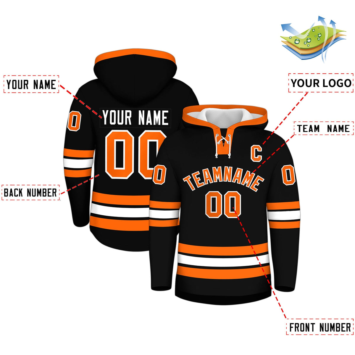 Custom Hockey Hoodie Jersey Black Orange Classic Style Add Name,Number &amp; Logo