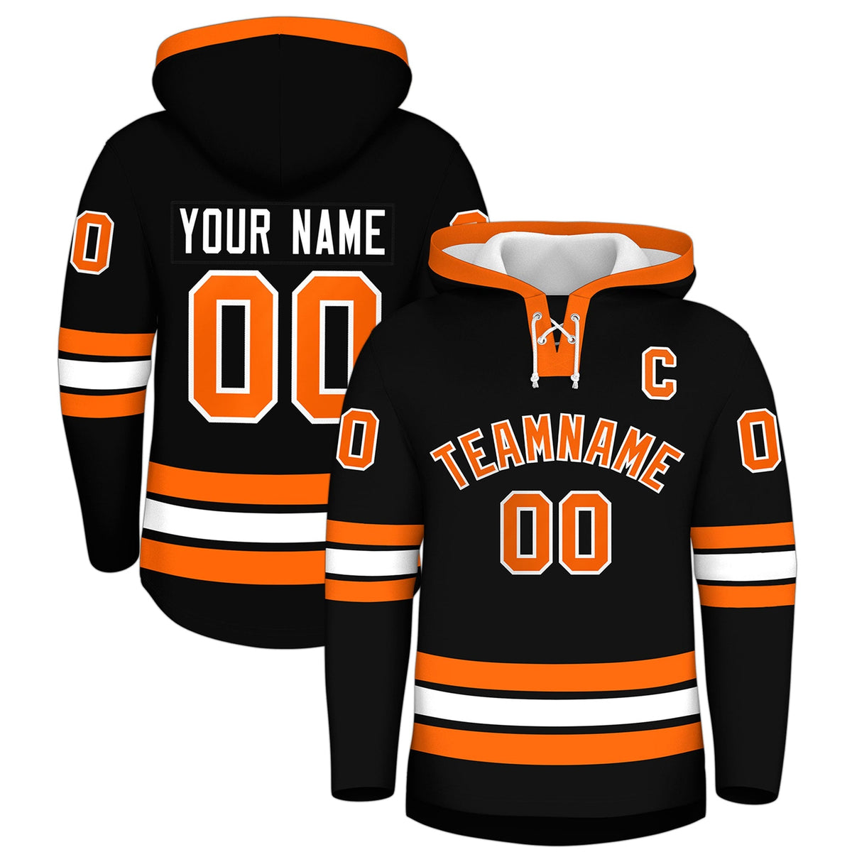 Custom Hockey Hoodie Jersey Black Orange Classic Style Add Name,Number &amp; Logo