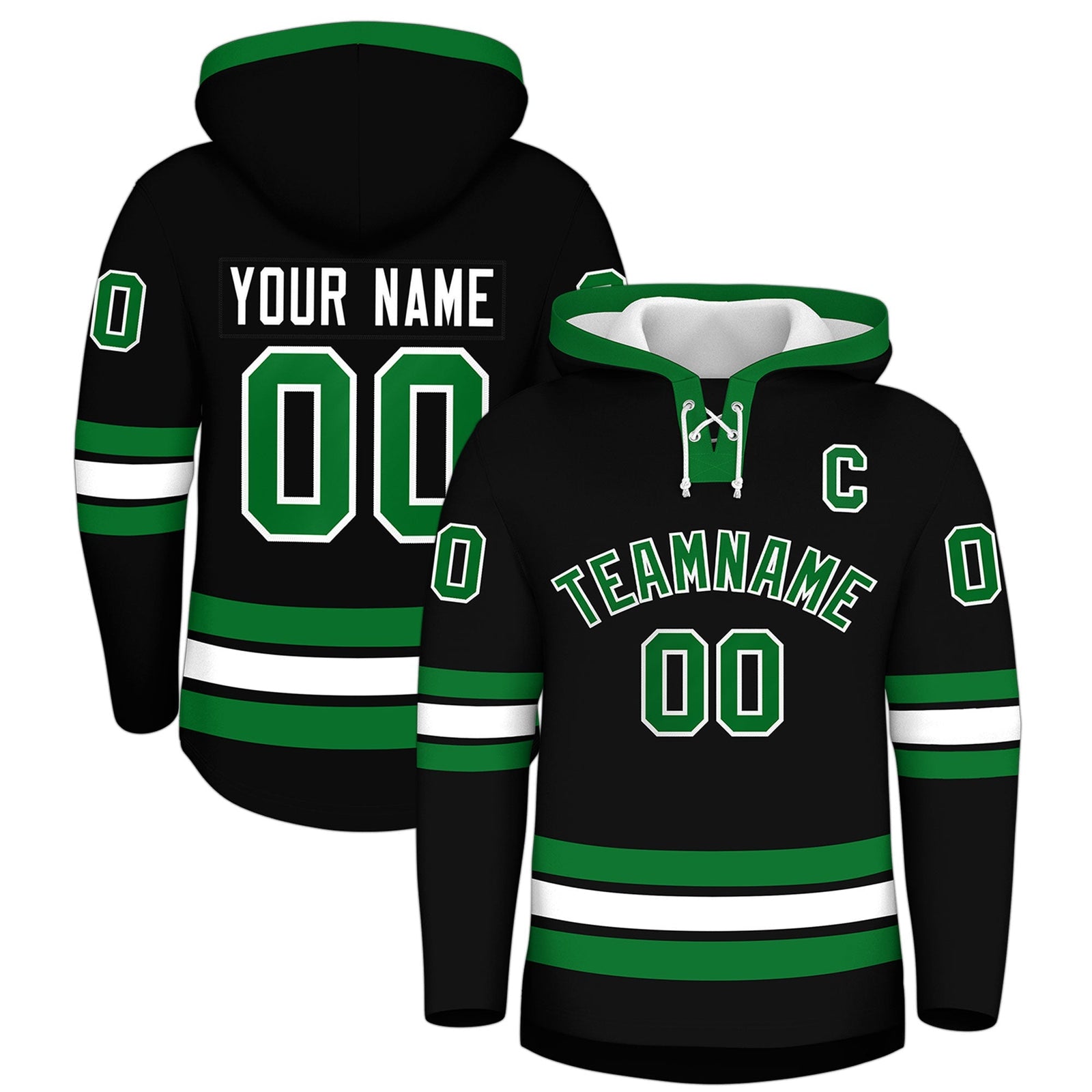 Custom Hockey Hoodie Jersey Black Kelly Green Classic Style for Men&Youth