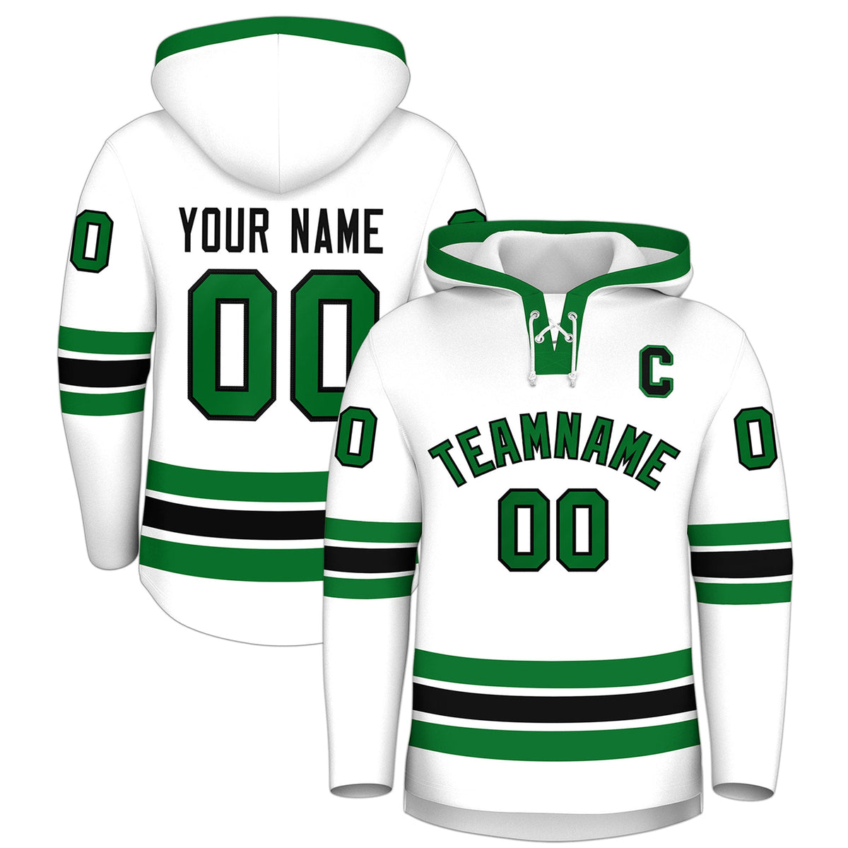 Custom Hockey Hoodie Jersey White Kelly Green Classic Style Add Name,Number &amp; Logo