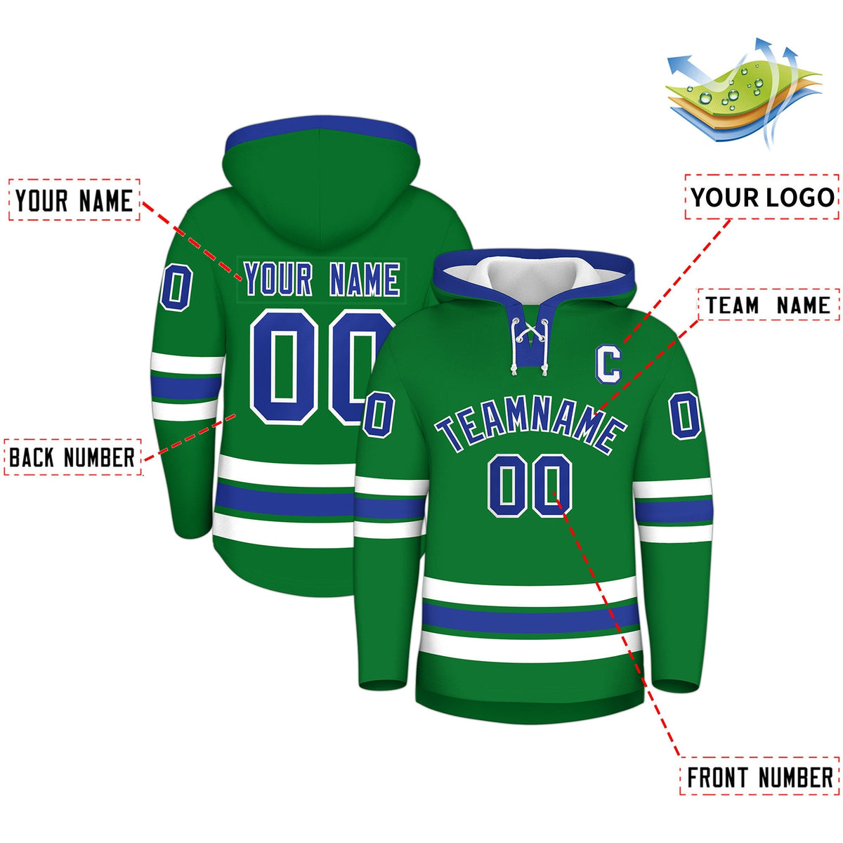 Custom Hockey Hoodie Jersey Kelly Green Royal Blue Classic Style Add Name,Number &amp; Logo