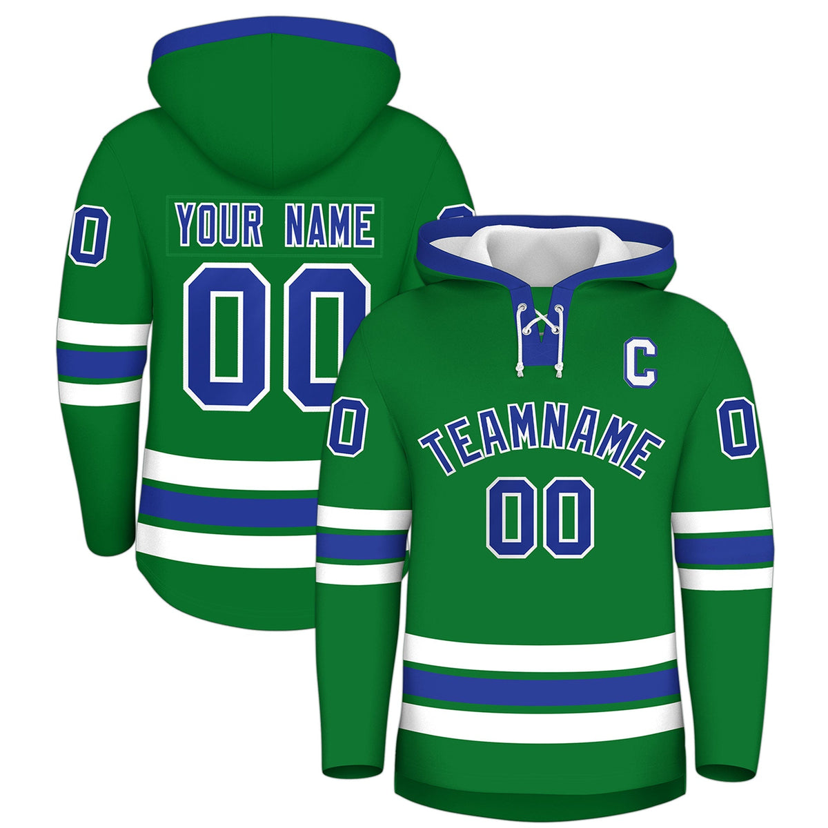 Custom Hockey Hoodie Jersey Kelly Green Royal Blue Classic Style Add Name,Number &amp; Logo