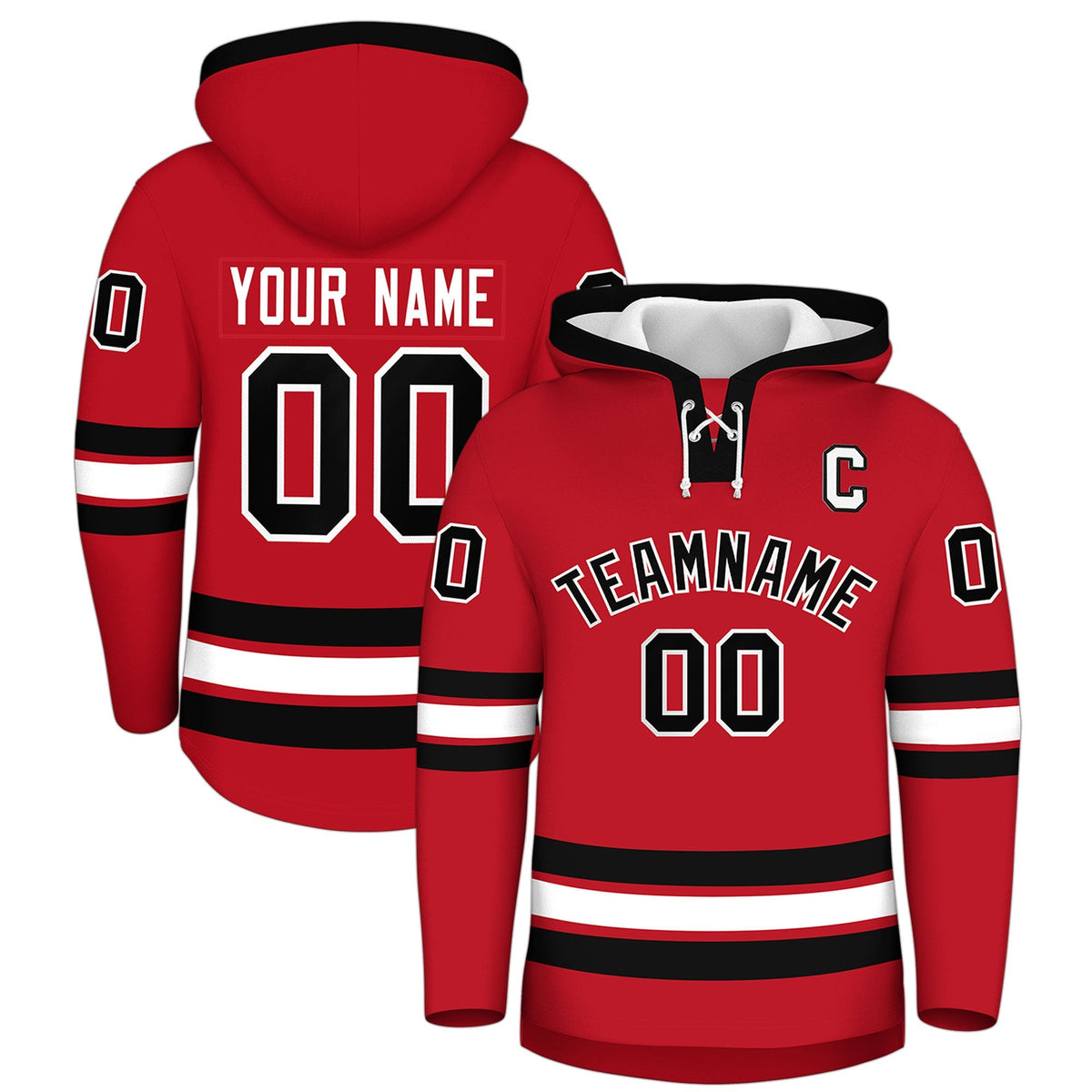 Custom Hockey Hoodie Jersey Red Black Classic Style Add Name,Number &amp; Logo