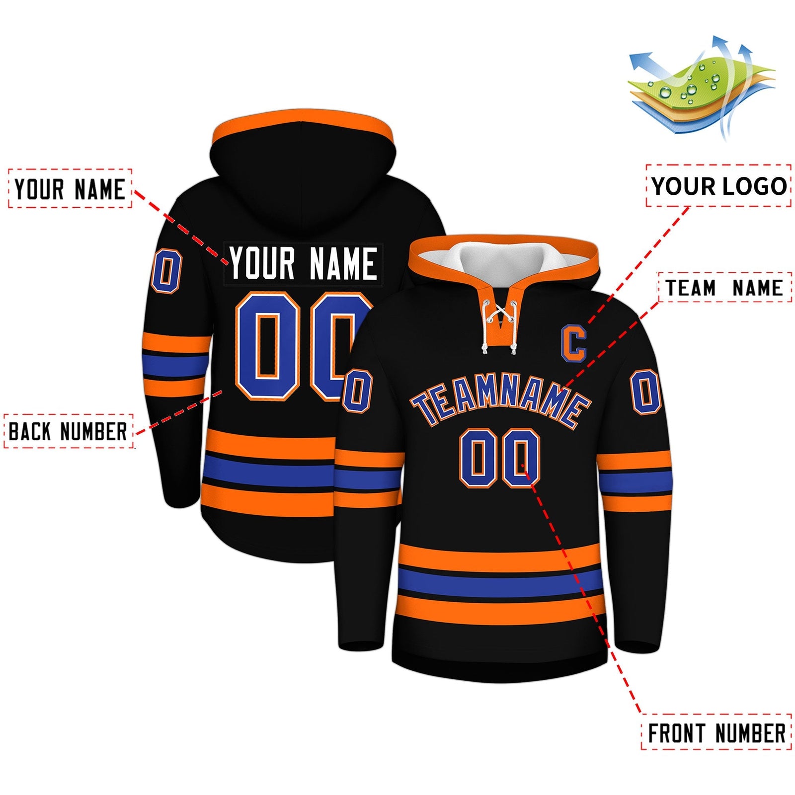 Custom Hockey Hoodie Jersey Black Orange Classic Style for Men&Youth