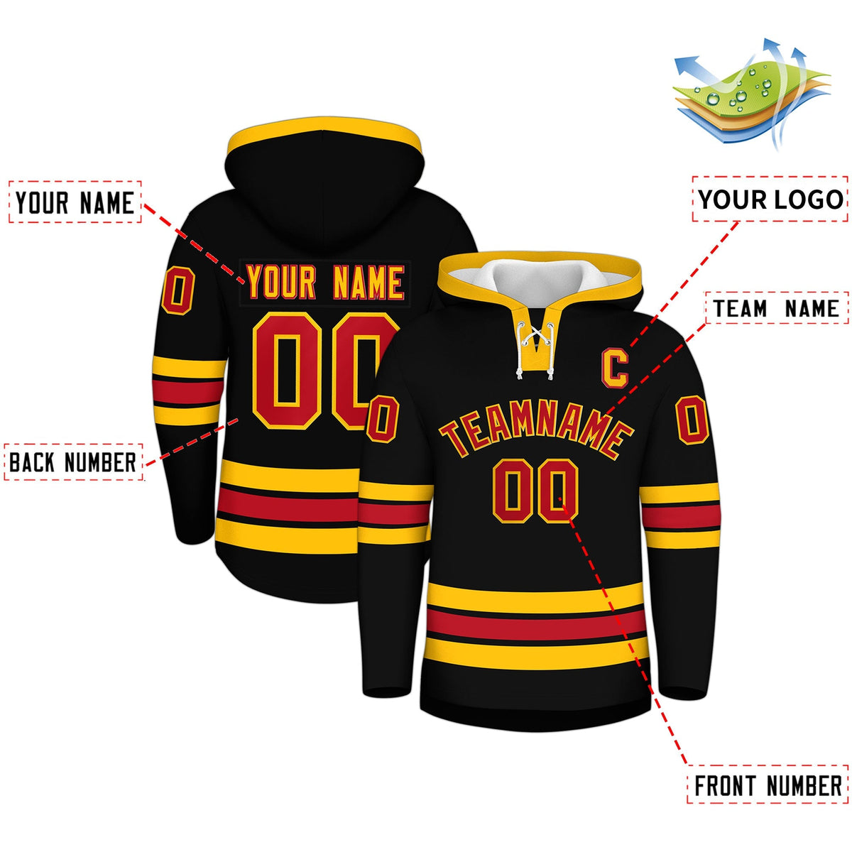 Custom Hockey Hoodie Jersey Black Red Classic Style Add Name,Number &amp; Logo