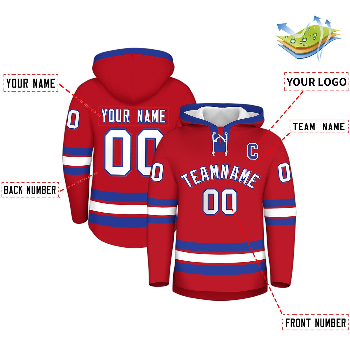 Custom Hockey Hoodie Jersey Red Royal Blue Classic Style Add Name,Number &amp; Logo