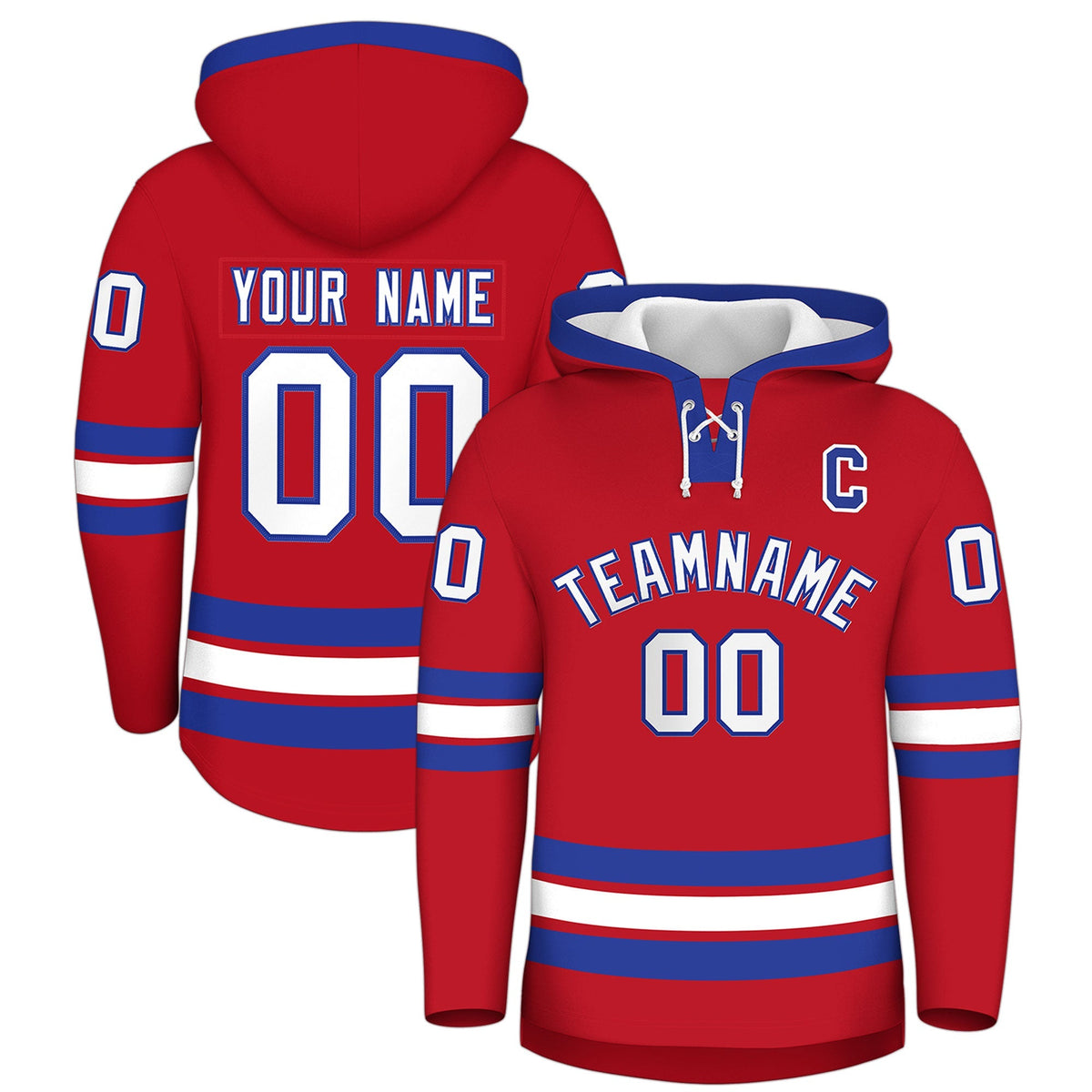 Custom Hockey Hoodie Jersey Red Royal Blue Classic Style Add Name,Number &amp; Logo