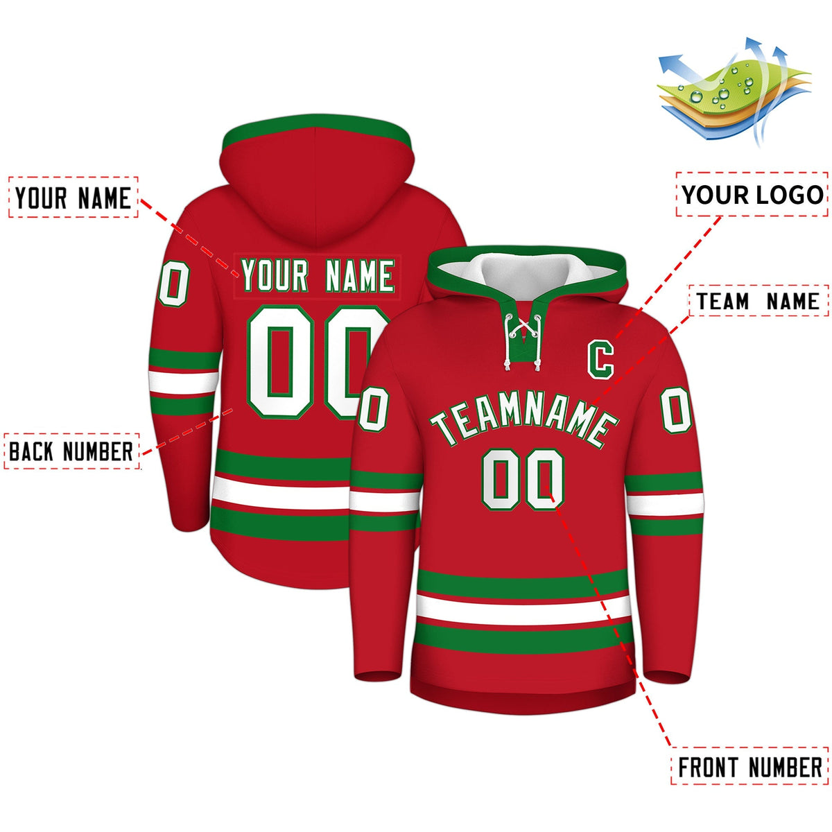 Custom Hockey Hoodie Jersey Red Kelly Green Classic Style for Men&amp;Youth