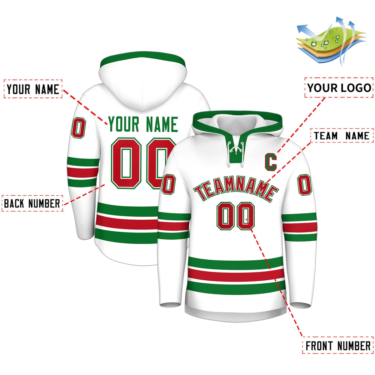 Custom Hockey Hoodie Jersey White Kelly Green Classic Style Add Name,Number &amp; Logo