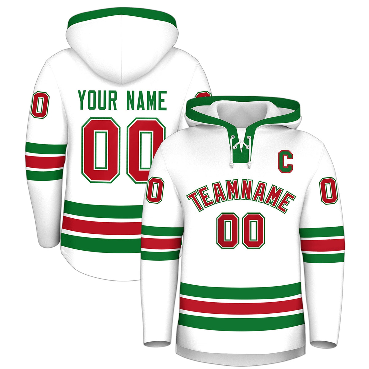Custom Hockey Hoodie Jersey White Kelly Green Classic Style Add Name,Number &amp; Logo