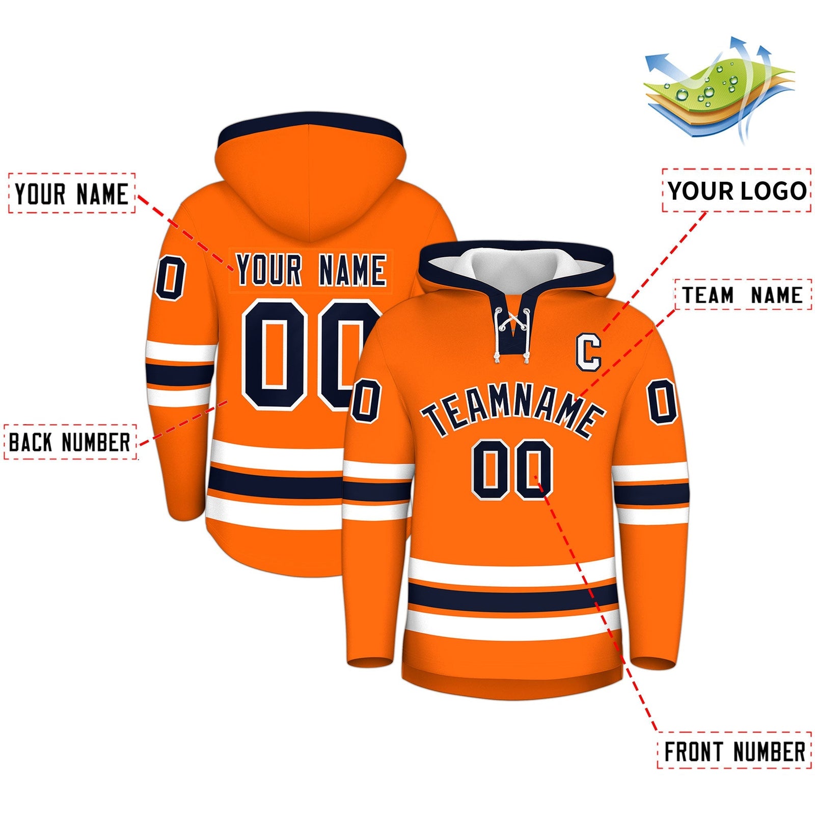 Custom Hockey Hoodie Jersey Orange Navy Classic Style Add Name,Number & Logo