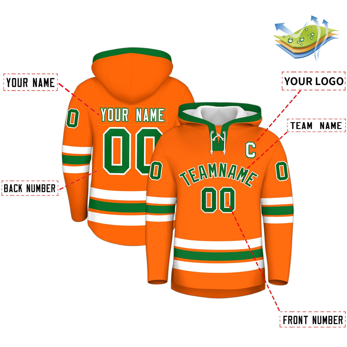 Custom Hockey Hoodie Jersey Orange Kelly Green Classic Style Add Name,Number &amp; Logo