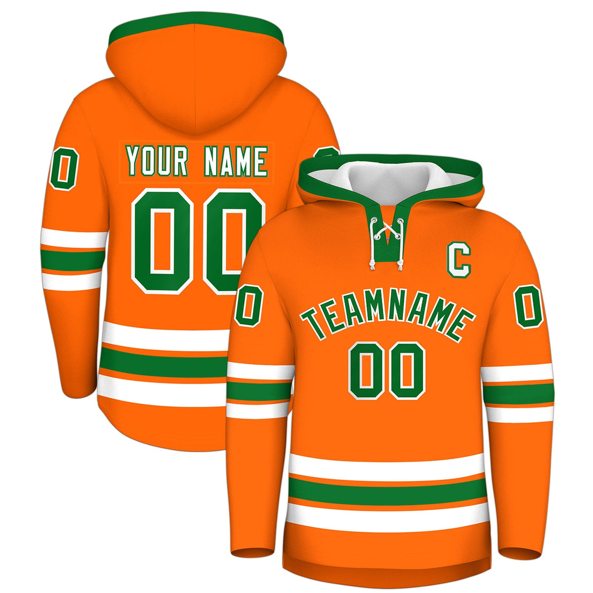 Custom Hockey Hoodie Jersey Orange Kelly Green Classic Style Add Name,Number &amp; Logo