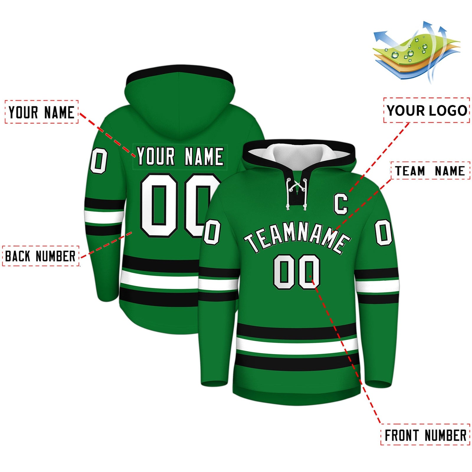 Custom Hockey Hoodie Jersey Kelly Green Black Classic Style for Men&Youth