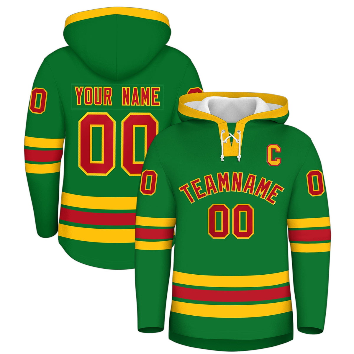 Custom Hockey Hoodie Jersey Kelly Green Red Classic Style Add Name,Number &amp; Logo