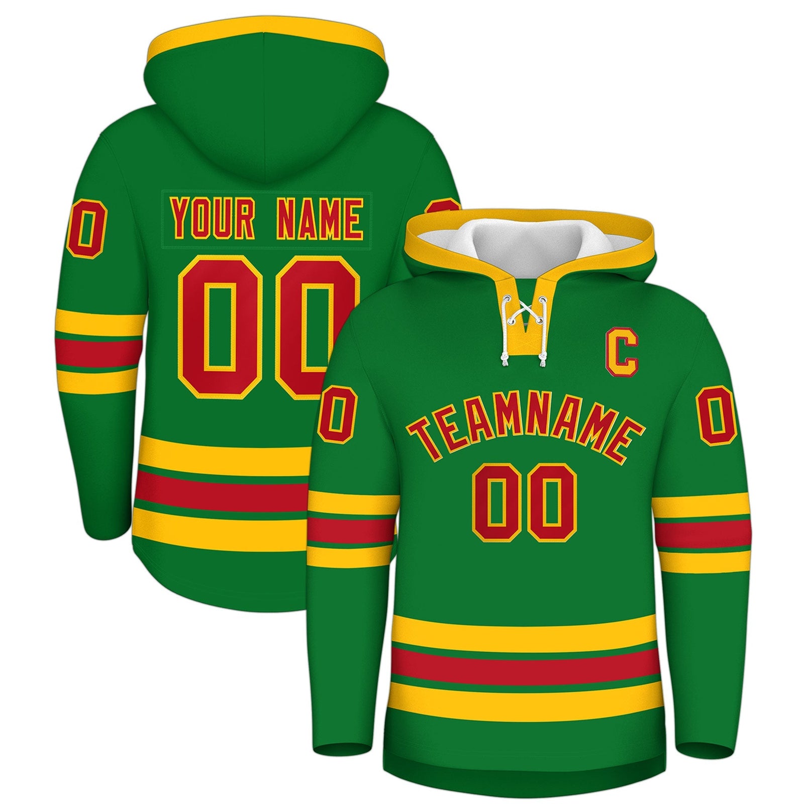 Custom Hockey Hoodie Jersey Kelly Green Red Classic Style Add Name,Number & Logo
