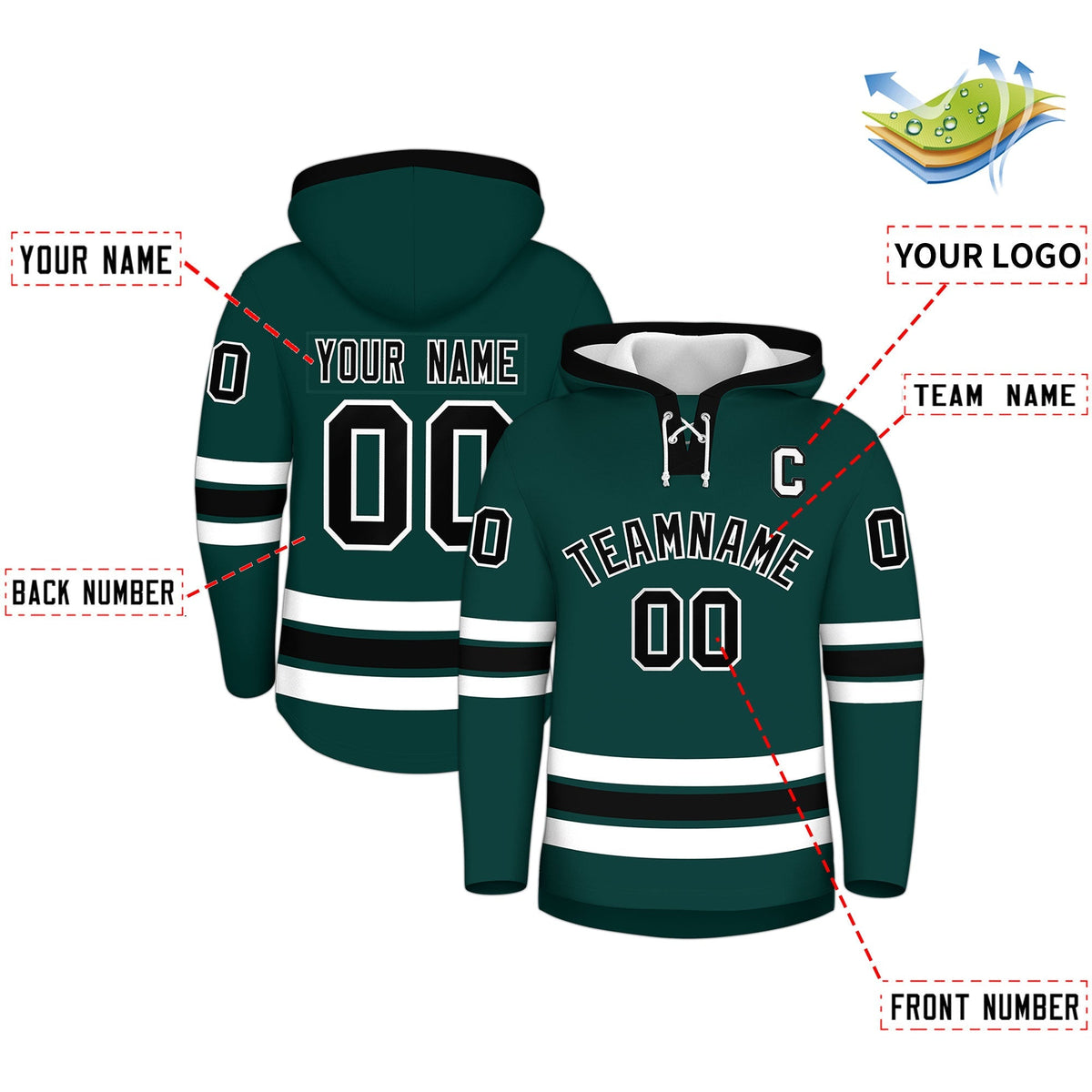 Custom Hockey Hoodie Jersey Midnight Green Black Classic Style Add Name,Number &amp; Logo