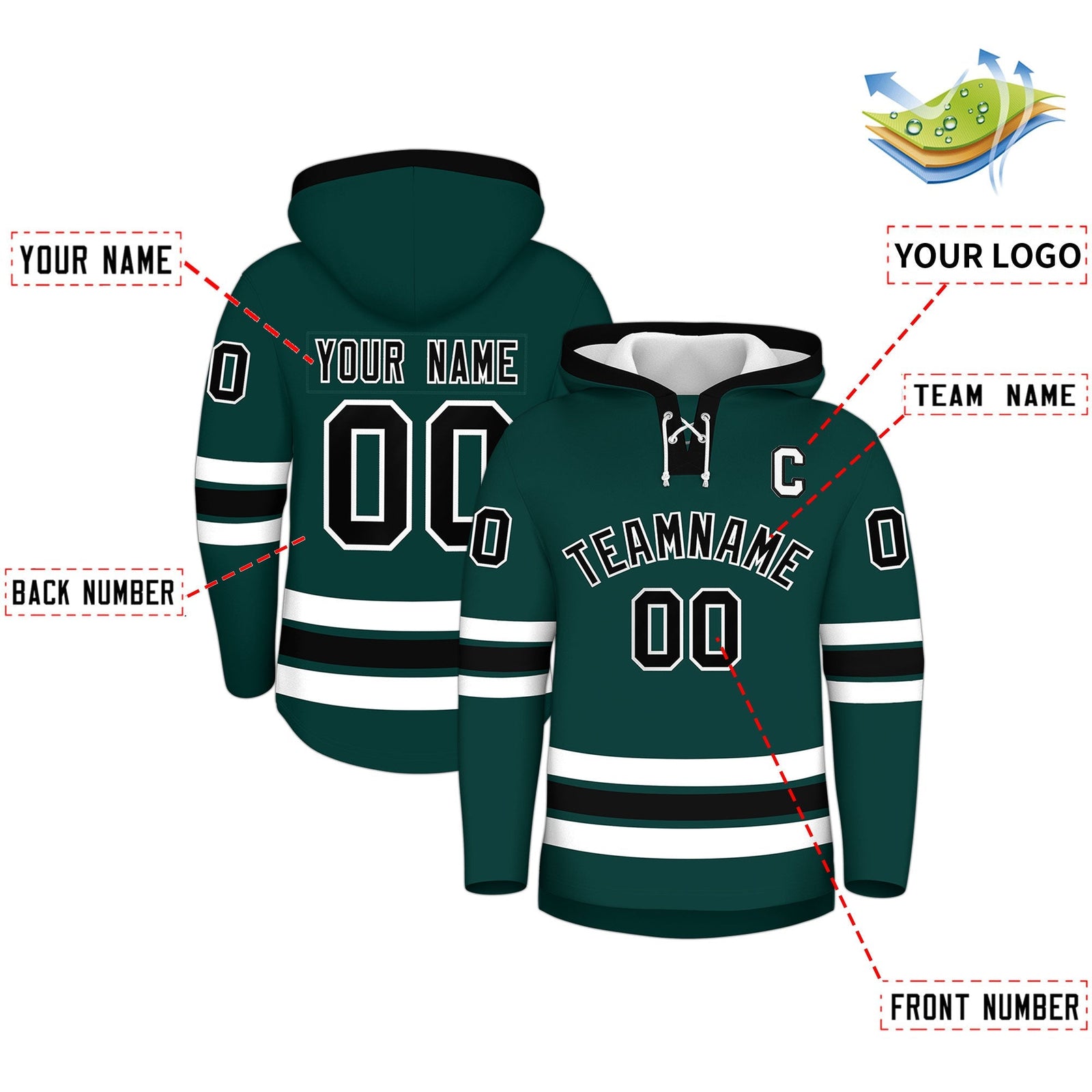 Custom Hockey Hoodie Jersey Midnight Green Black Classic Style Add Name,Number & Logo