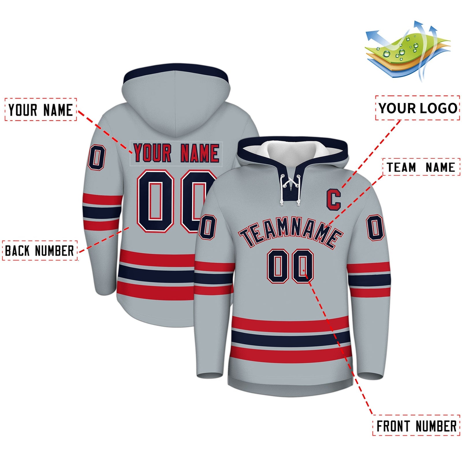 Custom Hockey Hoodie Jersey Silver Navy Classic Style Add Name,Number & Logo