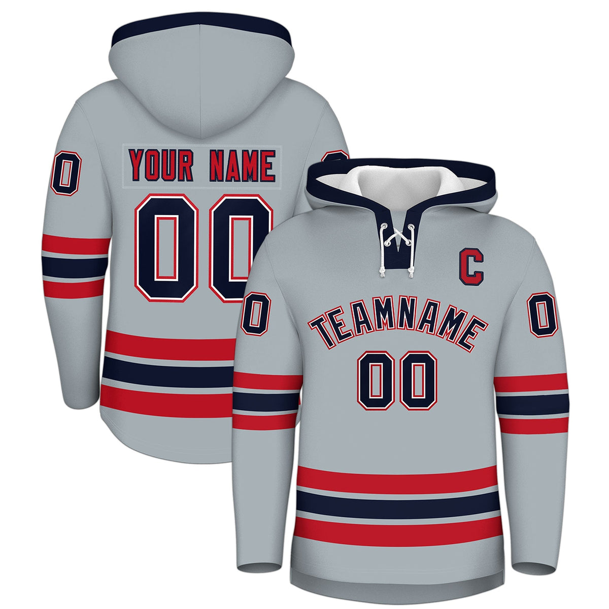 Custom Hockey Hoodie Jersey Silver Navy Classic Style Add Name,Number &amp; Logo