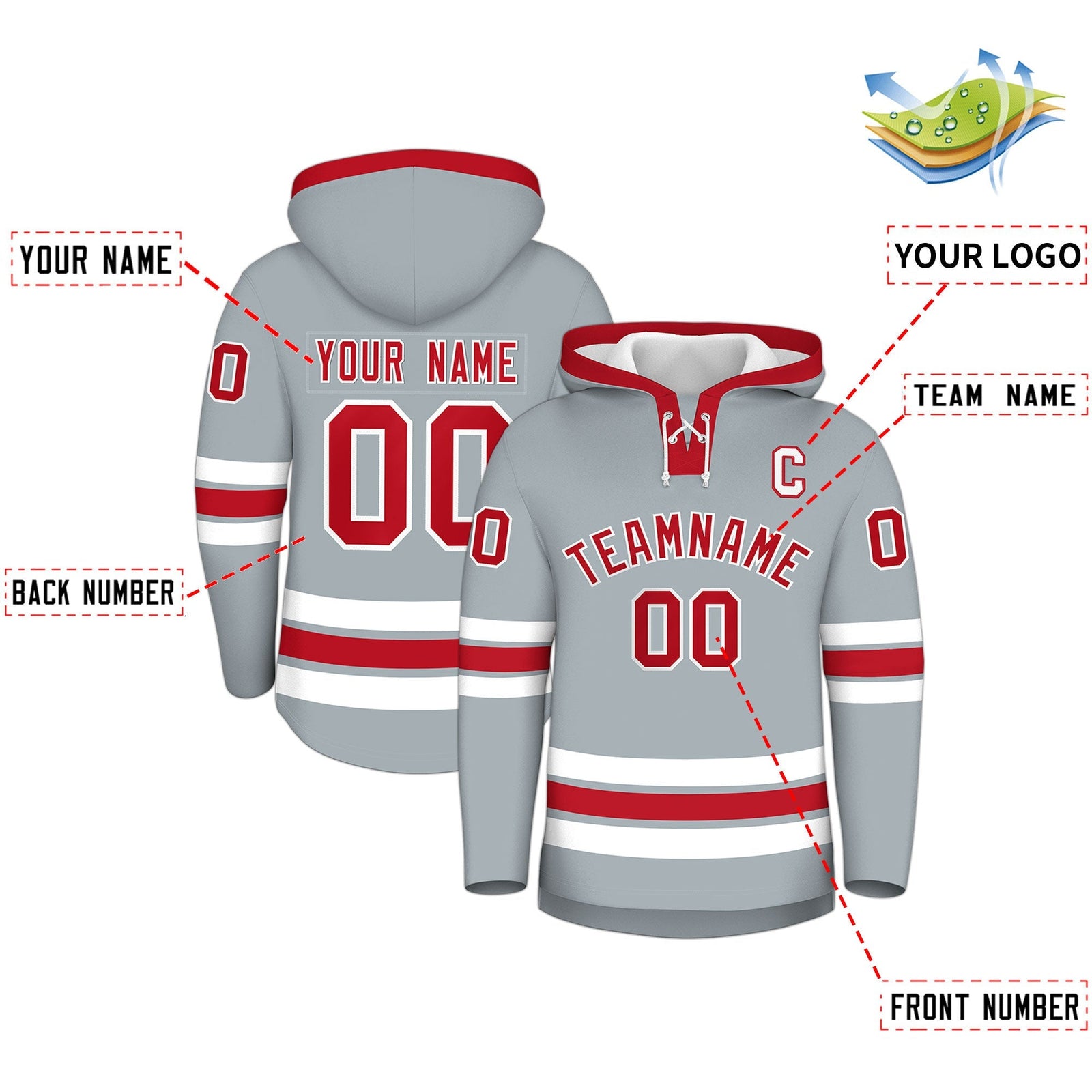 Custom Hockey Hoodie Jersey Silver Red Classic Style for Men&Youth
