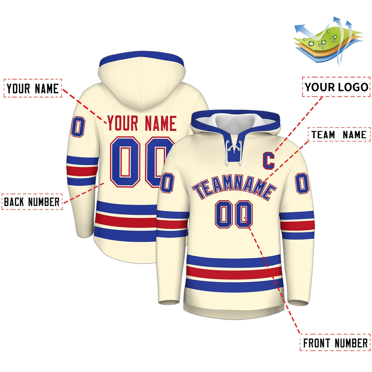 Custom Hockey Hoodie Jersey Cream Royal Blue Classic Style Add Name,Number &amp; Logo