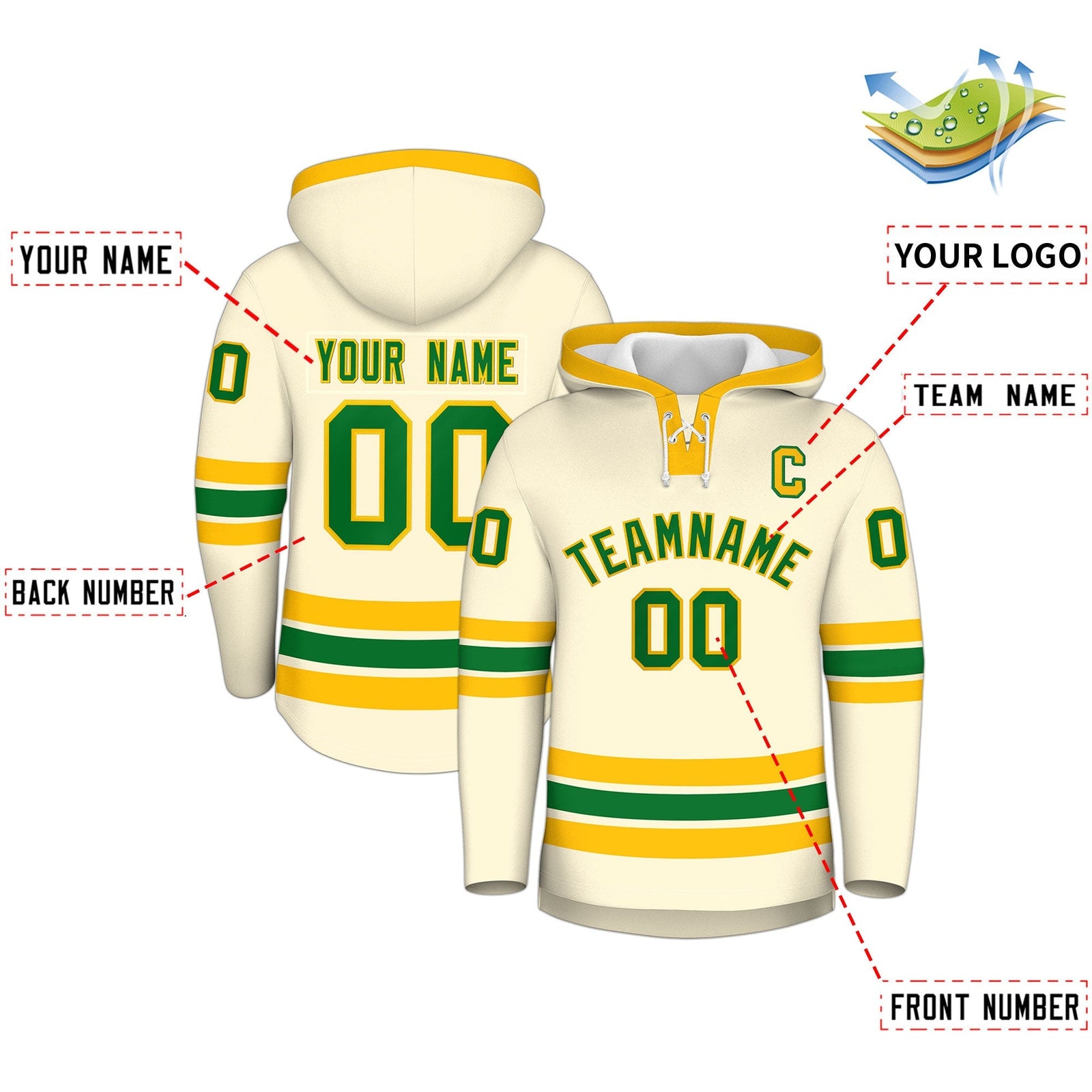 Custom Hockey Hoodie Jersey Cream Kelly Green Classic Style Add Name,Number & Logo