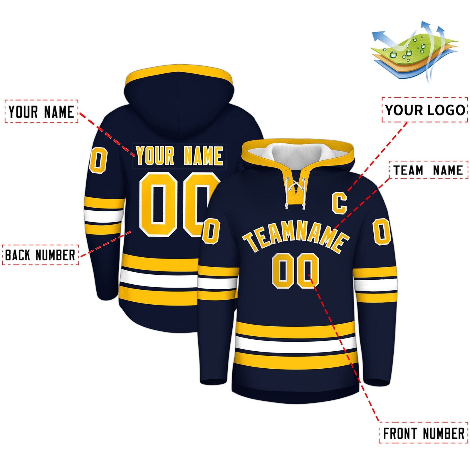 Custom Hockey Hoodie Jersey Navy White Classic Style Add Name,Number & Logo