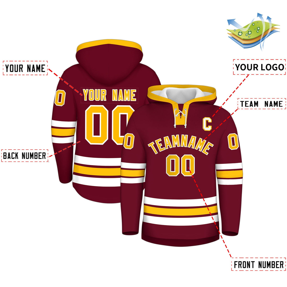 Custom Hockey Hoodie Jersey Crimson Gold Classic Style Add Name,Number &amp; Logo