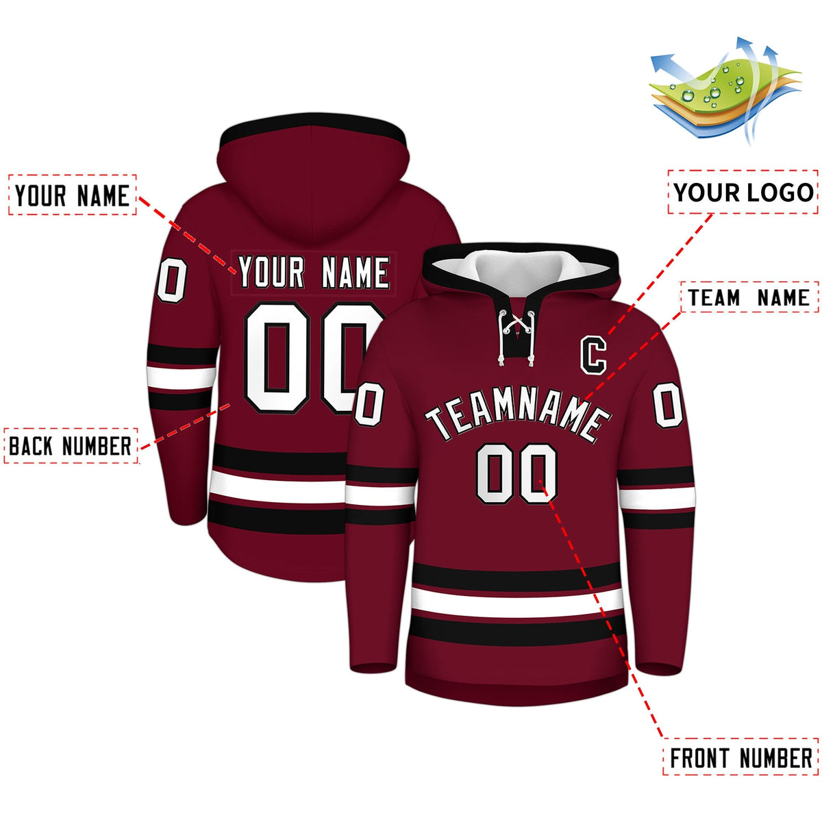 Custom Hockey Hoodie Jersey Crimson Black Classic Style Add Name,Number &amp; Logo