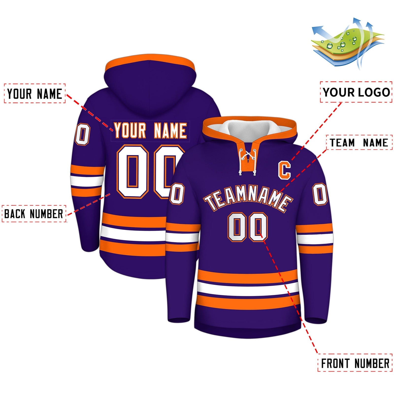 Custom Hockey Hoodie Jersey Purple Orange Classic Style Add Name,Number & Logo