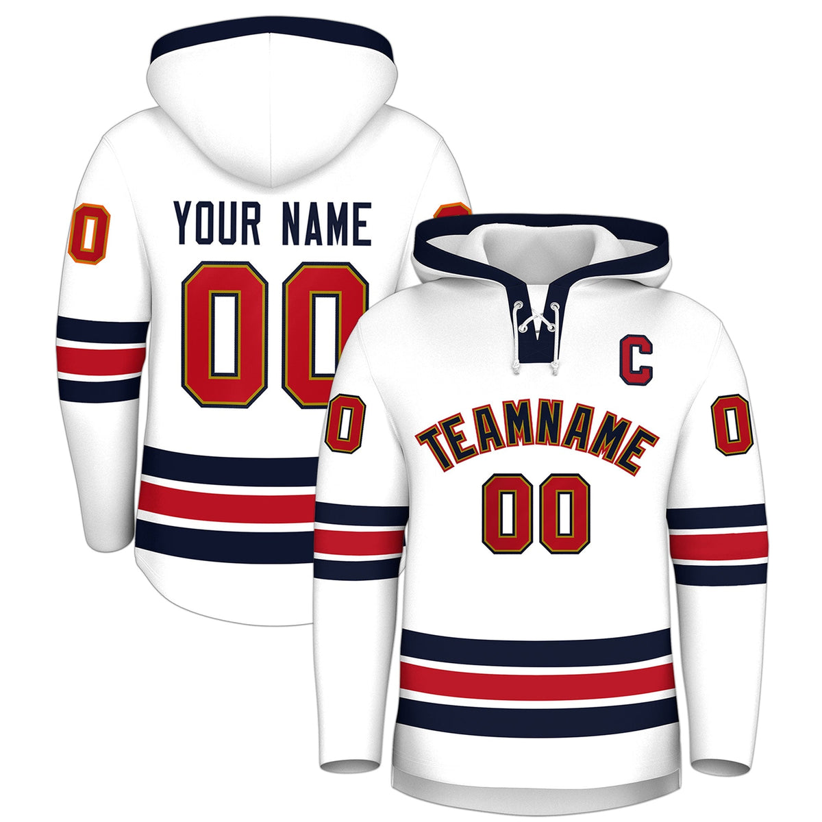 Custom Hockey Hoodie Jersey White Navy Classic Style Add Name,Number &amp; Logo