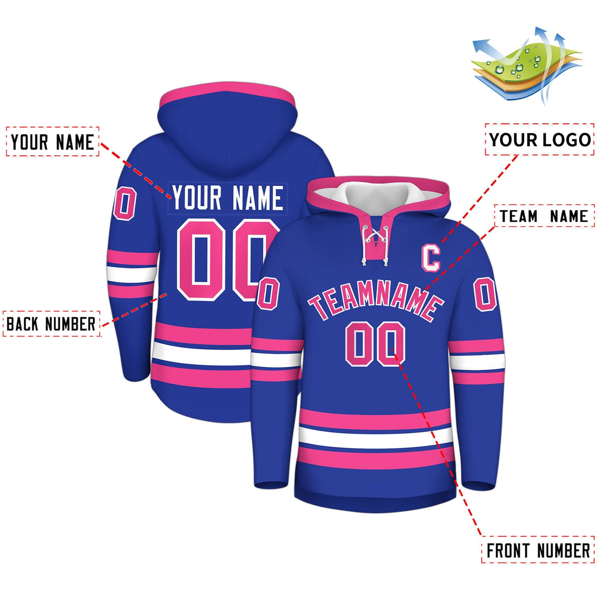 Custom Hockey Hoodie Jersey Royal Blue Pink Classic Style Add Name,Number &amp; Logo