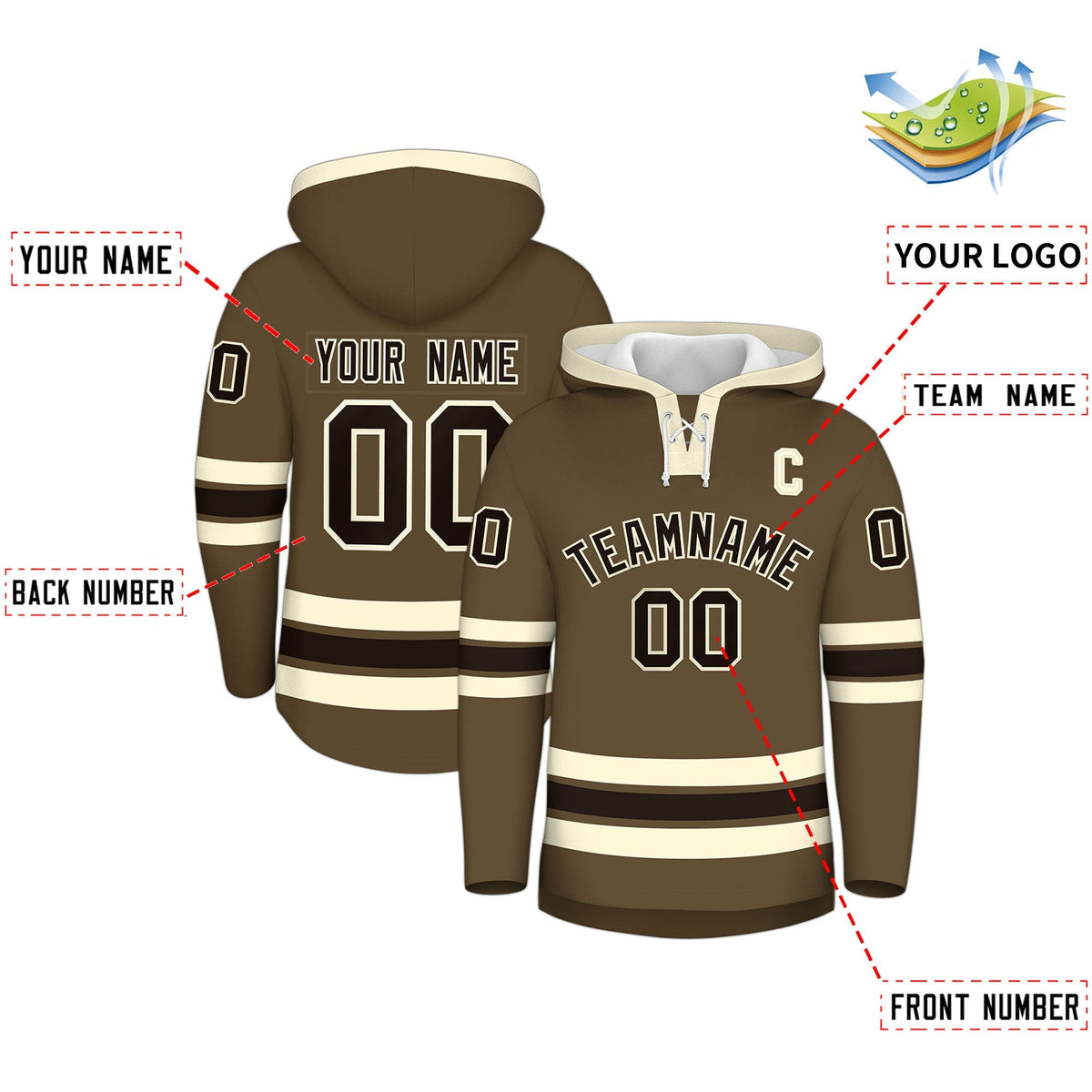 Custom Hockey Hoodie Jersey Light Brown Cream Classic Style Add Name,Number &amp; Logo