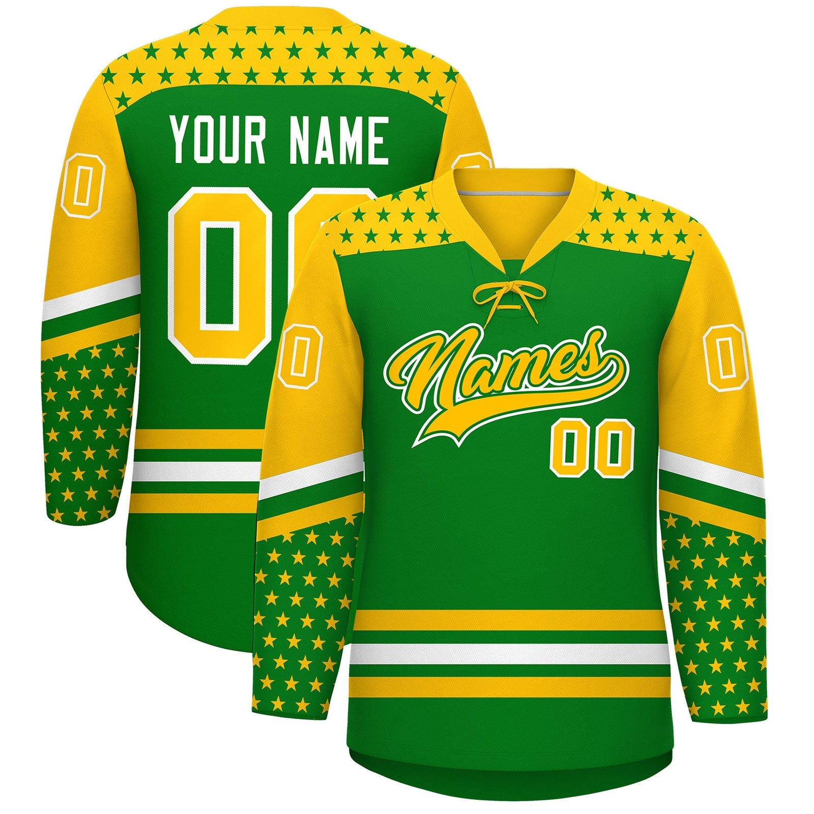 Custom Kelly Green Gold White Star Series Personalization Lace-Up Neck Hockey Jersey| KXKSHOP
