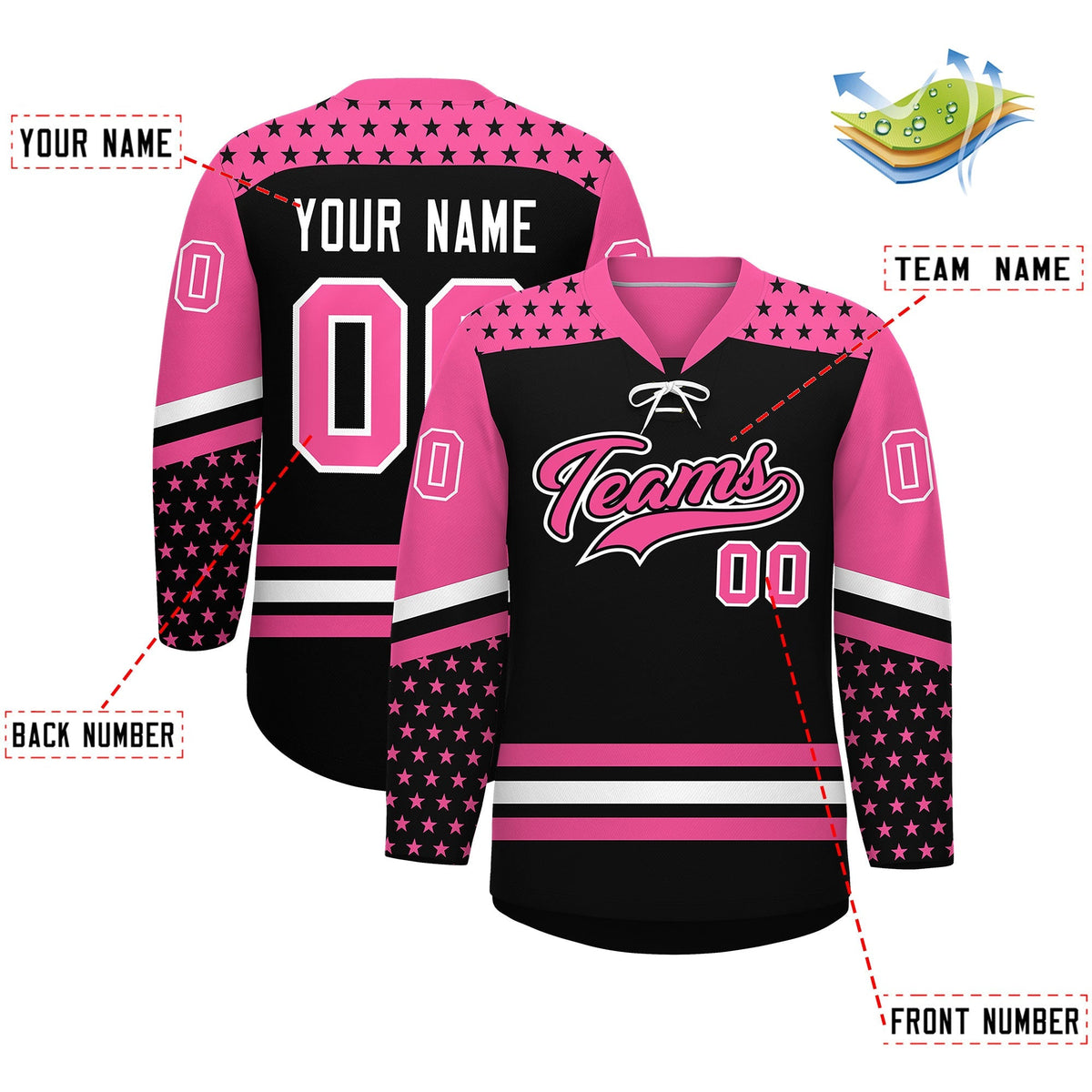 Custom Black Pink White Star Series Personalization Lace-Up Neck Hockey Jersey| KXKSHOP
