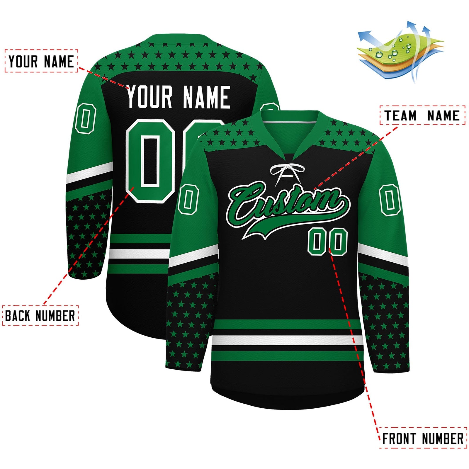 Custom Black Kelly Green White Star Series Personalization Lace-Up Neck Hockey Jersey| KXKSHOP