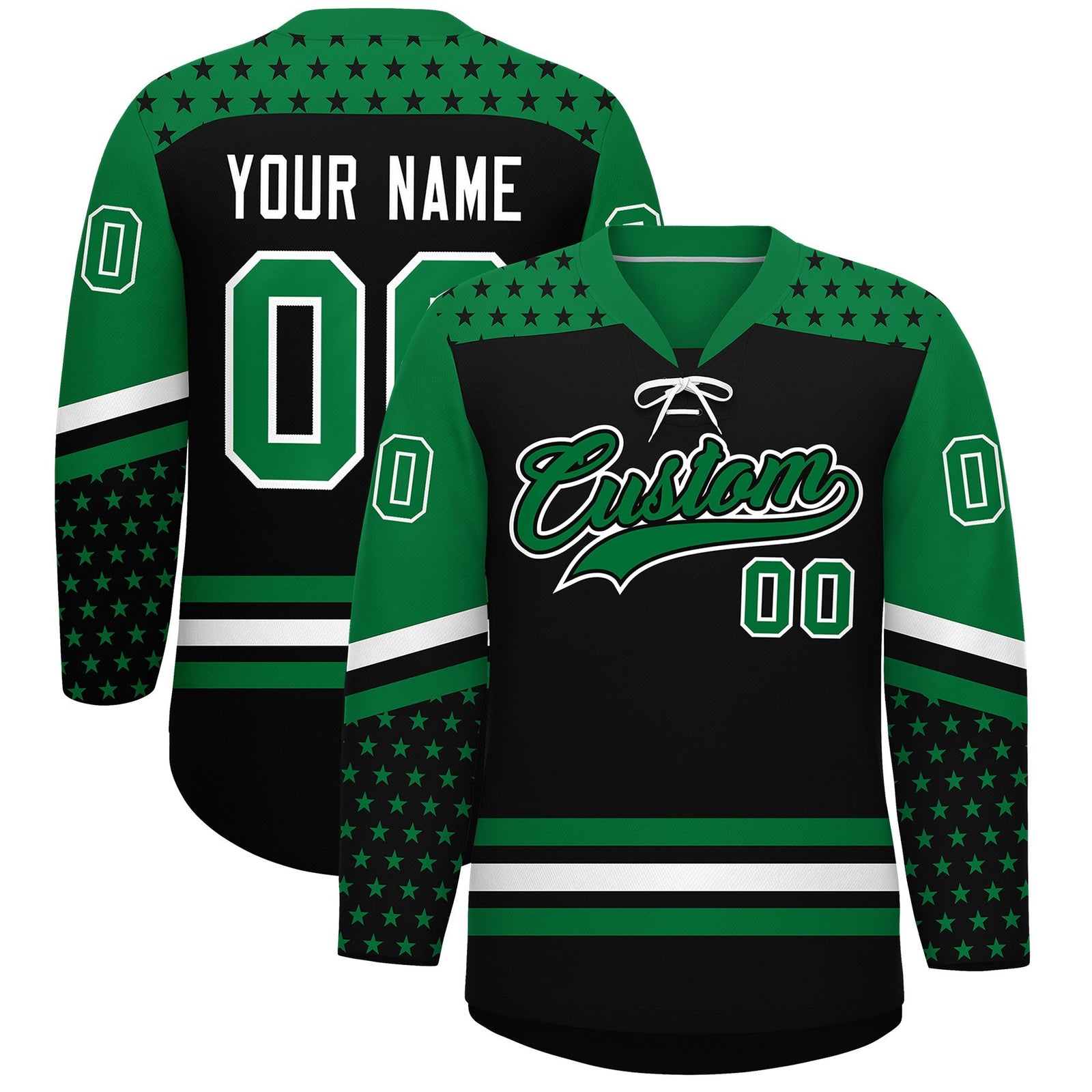 Custom Black Kelly Green White Star Series Personalization Lace-Up Neck Hockey Jersey| KXKSHOP