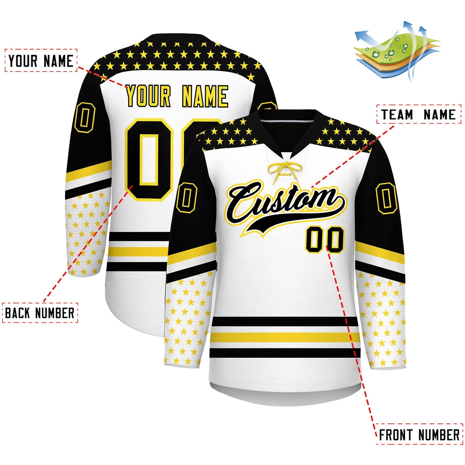 Custom White Black Gold Star Series Personalization Lace-Up Neck Hockey Jersey| KXKSHOP