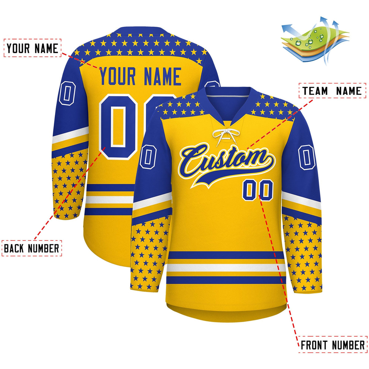 Custom Gold Royal Blue White Star Series Personalization Lace-Up Neck Hockey Jersey| KXKSHOP