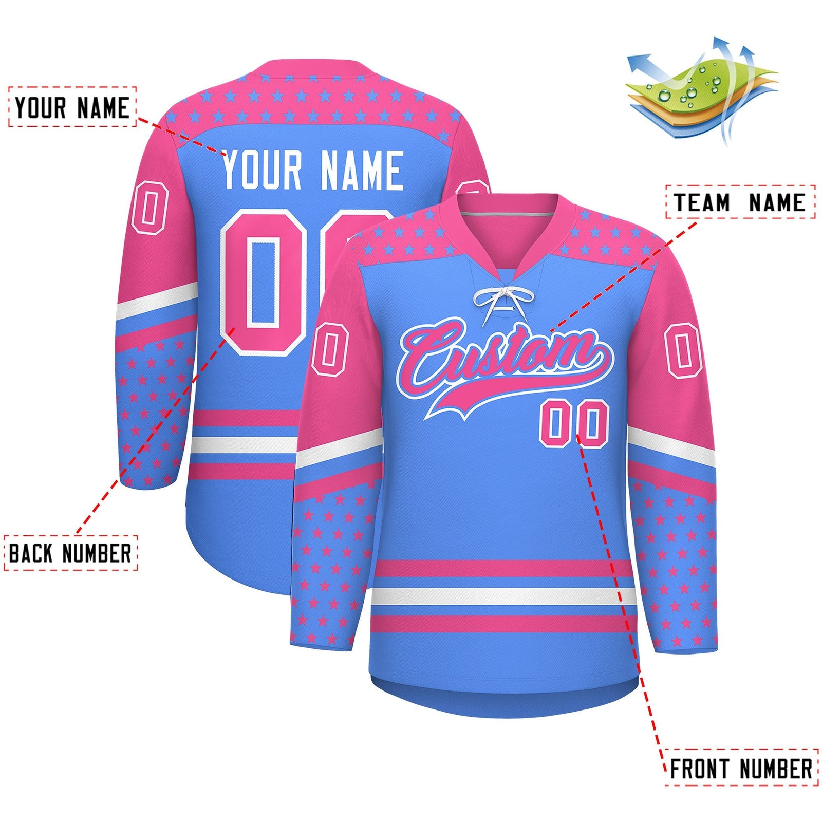 Custom Powder Blue Pink White Star Series Personalization Lace-Up Neck Hockey Jersey| KXKSHOP