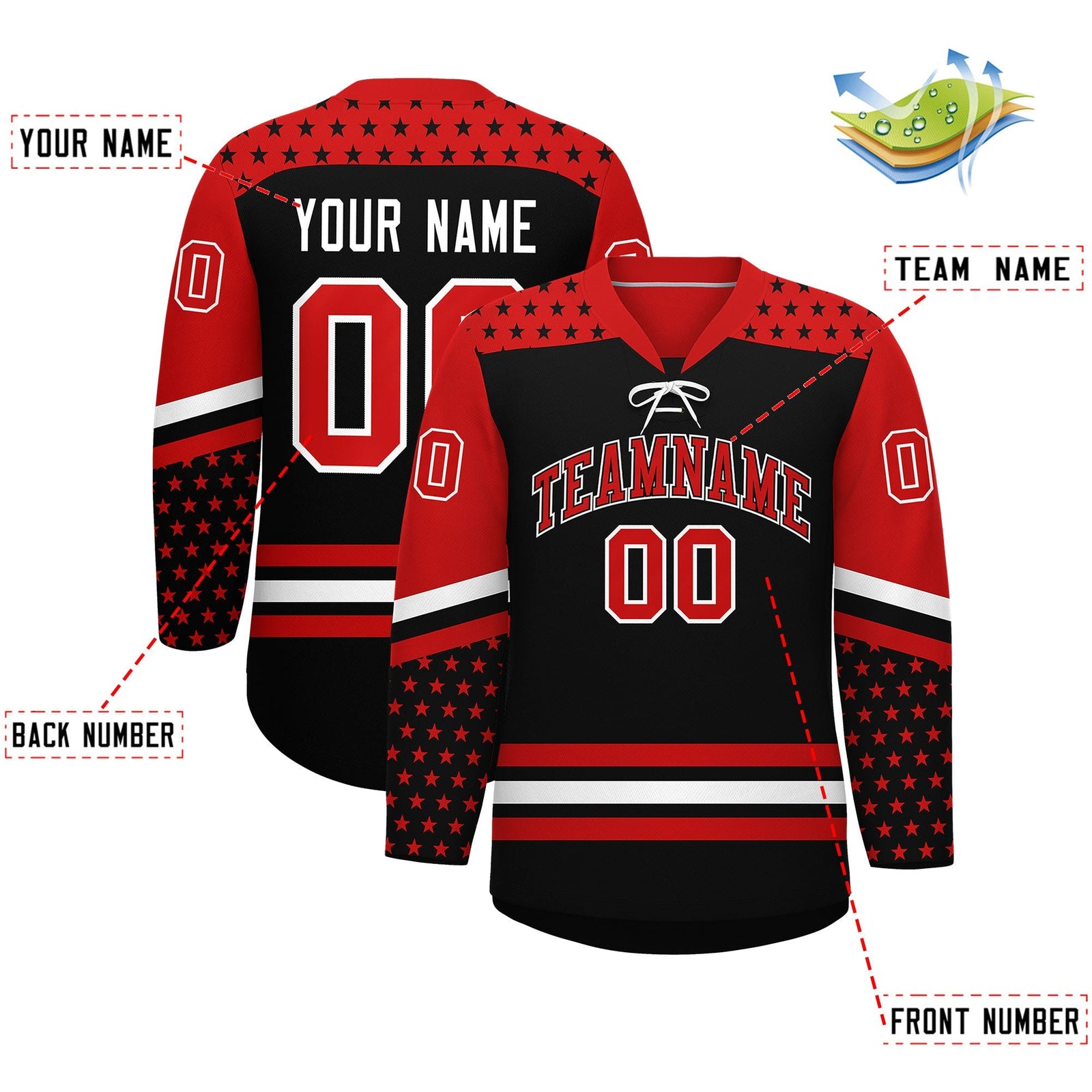 Custom Black Red White Star Series Personalization Lace-Up Neck Hockey Jersey| KXKSHOP