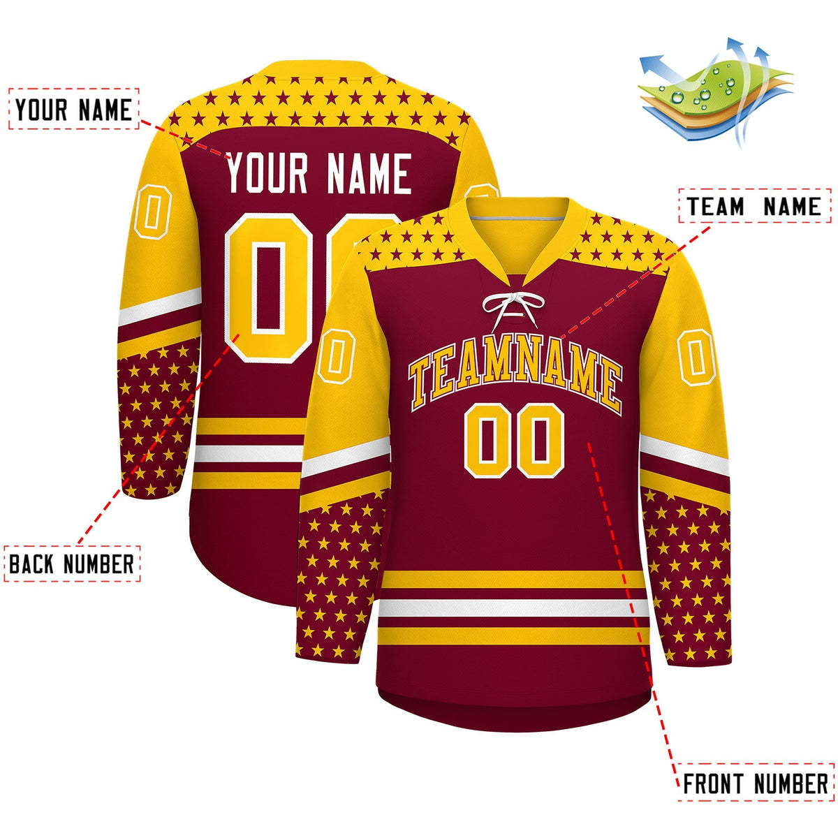 Custom Crimson Gold White Star Series Personalization Lace-Up Neck Hockey Jersey| KXKSHOP