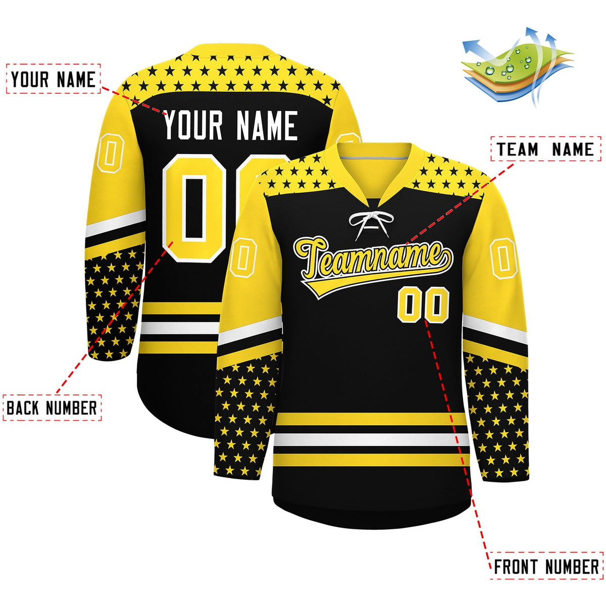 Custom Black Gold White Star Series Personalization Lace-Up Neck Hockey Jersey| KXKSHOP