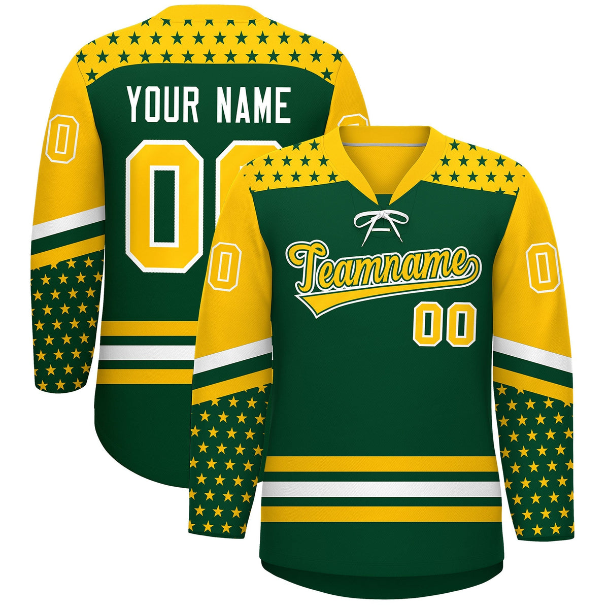 Custom Green Gold White Star Series Personalization Lace-Up Neck Hockey Jersey| KXKSHOP