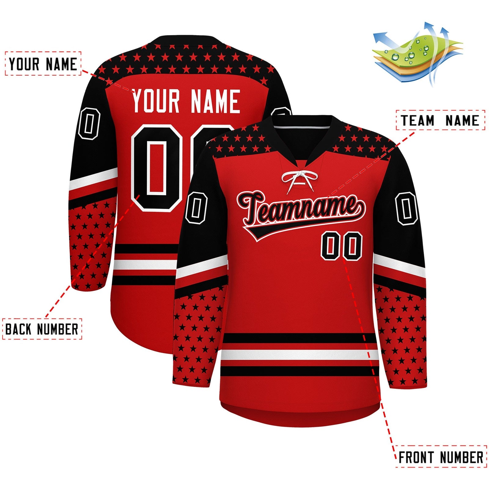 Custom Red Black White Star Series Personalization Lace-Up Neck Hockey Jersey| KXKSHOP