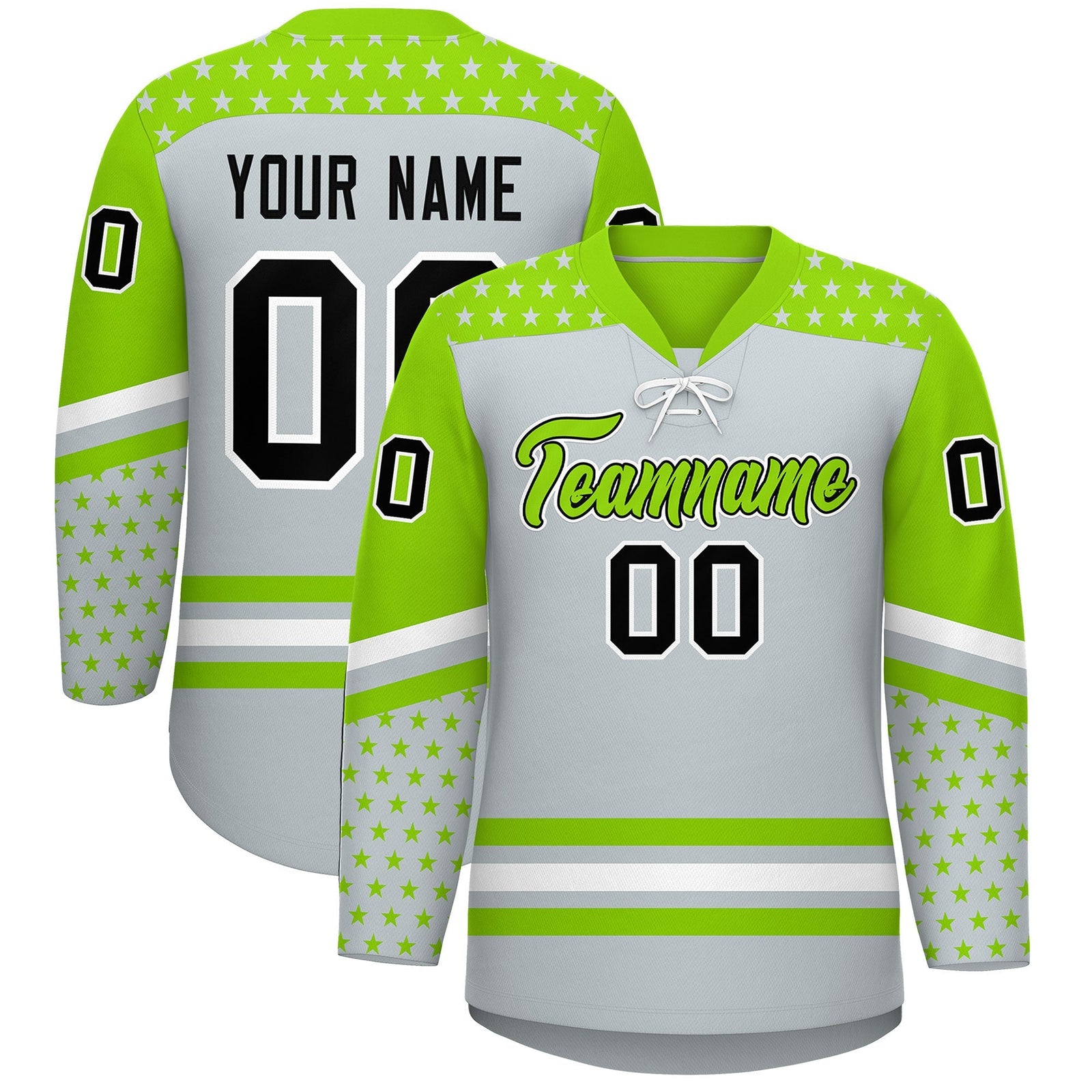 Custom Silver Neon Green White Star Series Personalization Lace-Up Neck Hockey Jersey| KXKSHOP