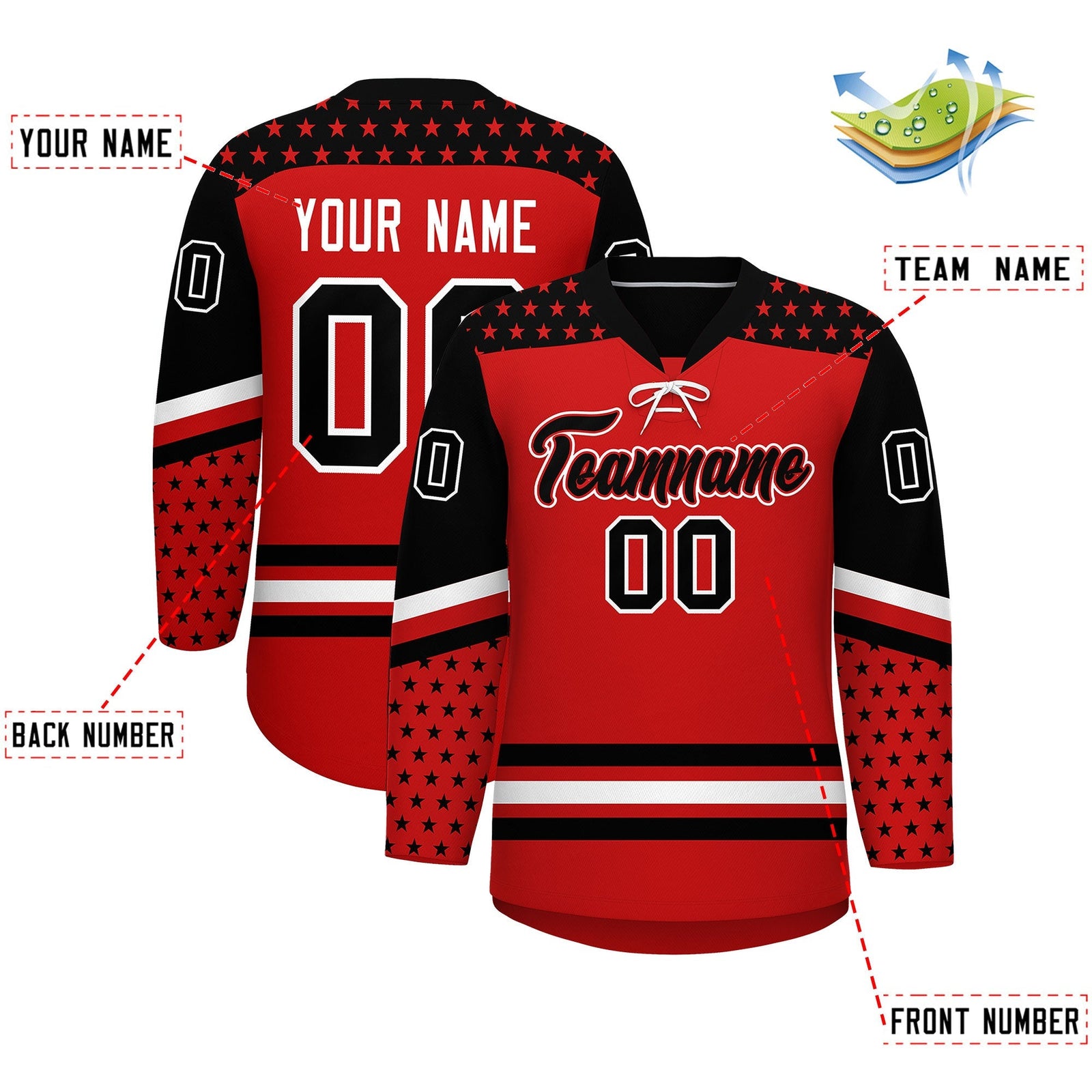 Custom Red Black White Star Series Personalization Lace-Up Neck Hockey Jersey| KXKSHOP